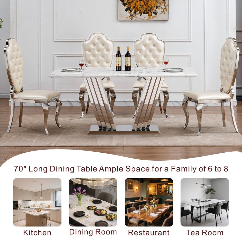 English Elm Marble Dining Table For 6-8, Modern Rectangular Faux Marble Top With Polished Stainless Steel Base W3456S00046