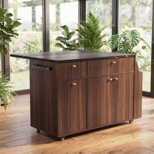 English Elm Kitchen Rolling Cart with Black Marble Top Drop Leaf Drawers and Spice Rack Storage Walnut B2764S00007