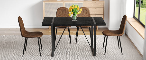 English Elm Table and Chair Set Retro Industrial 55 Inch Rectangular Black Textured Top Brown Seats W1151S04383