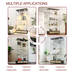 English Elm Modern Glass Display Cabinet With Led Lights, 4 Shelves & Drawers - Stylish Furniture For Collectors W241S00057