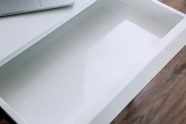 English Elm Modern High Gloss Computer Desk 54"L with Built‑in USB, Chrome Frame, Low‑Profile No‑Show Drawers B2741P340567