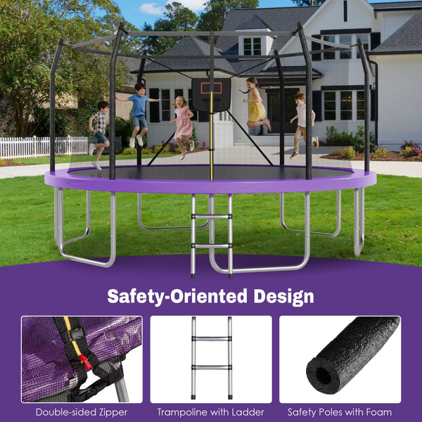 English Elm 14ft Backyard Trampoline with Led Lights Basketball Hoop and Galvanized Safety Frame N739P308480A