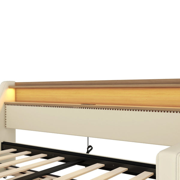 English Elm Twin Size Daybed With Trundle, Usb Charging Station & Led Lights - Chic Beige Upholstered Design W1580S00025-GIGA