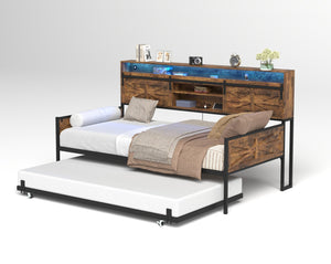English Elm Twin Daybed with Trundle, Farmhouse Frame w/ Sliding Barn Headboard, LED App Lights & Charging Ports W2129P299618