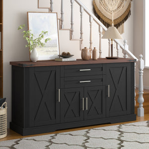 English Elm 63" Fluted Mdf Sideboard with Wood Tone Top Four Doors Three Drawers Dining Storage Black W2917S00012
