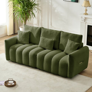 English Elm 78 Inch Teddy Velvet Three Seat Sofa Solid Wood Frame Plush Cushions for Living Room Army Green W2564S00126