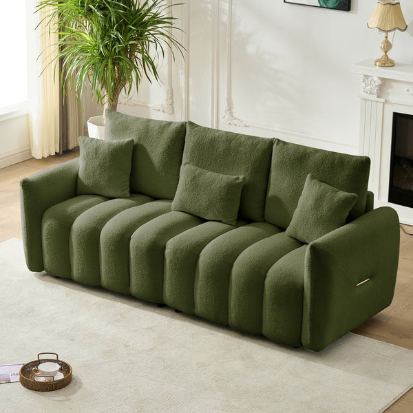 English Elm 78 Inch Teddy Velvet Three Seat Sofa Solid Wood Frame Plush Cushions for Living Room Army Green W2564S00126