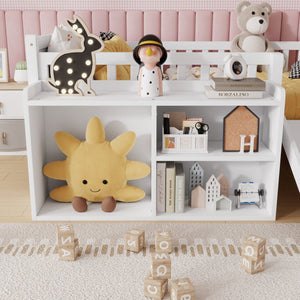 English Elm Twin Low Loft Kids Bed with Fun Slide Climbing Structure and Movable Bookshelf White W2593P437109