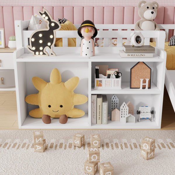English Elm Twin Low Loft Kids Bed with Fun Slide Climbing Structure and Movable Bookshelf White W2593P437109