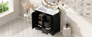 English Elm 36'' Transitional Bathroom Vanity with Ceramic Sink, Solid Wood Frame, Adjustable U-Shelf & Soft-Close Doors Black N729P292966B