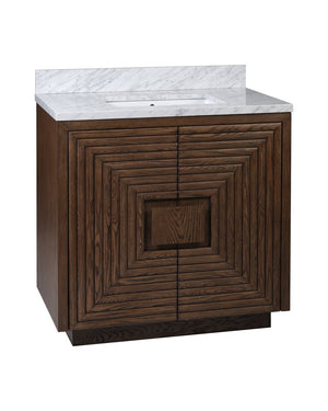 Currey & Company Morombe 36" Distressed Cocoa Marble Vanity With Rectangular Undermount Sink & Smart Storage Solutions Brown Oak Solids & Veneers ,Carrara Marble ,Vitreous China 3800-0012-currey-company