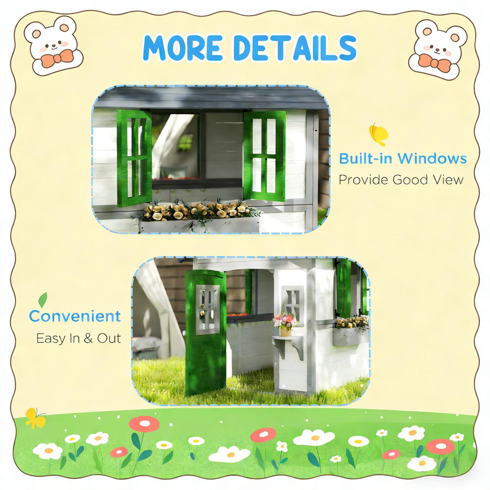 English Elm Toddlers Solid Fir Wood Outdoor Playhouse Cottage with Planter Boxes for Imaginative Play T3971P442799