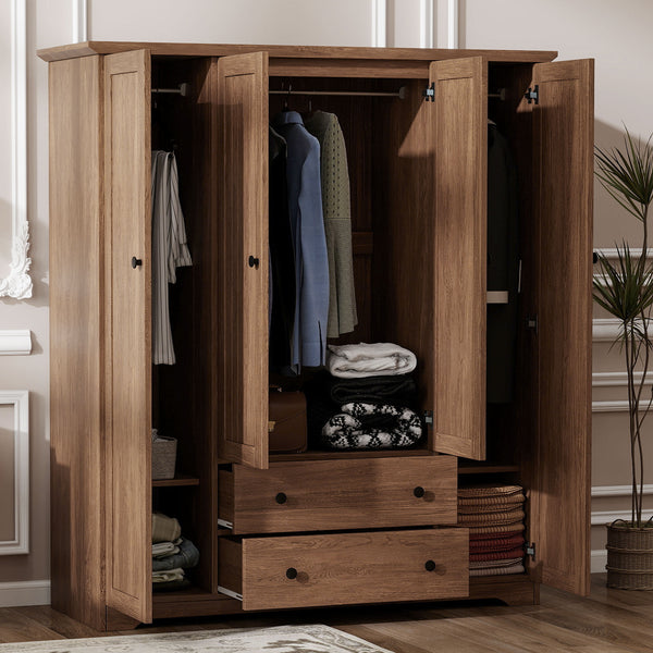 English Elm 4 Door Wardrobe Armoire Closet with 2 Drawers Rustic Pine & MDF Storage Cabinet with Shelves and Hanging Space Brown N7090001842D