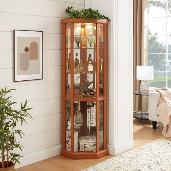 English Elm Lighted Corner Curio Cabinet - Stylish Dark Oak Display Case With Adjustable Shelves & Built-In Lighting W1758P300103