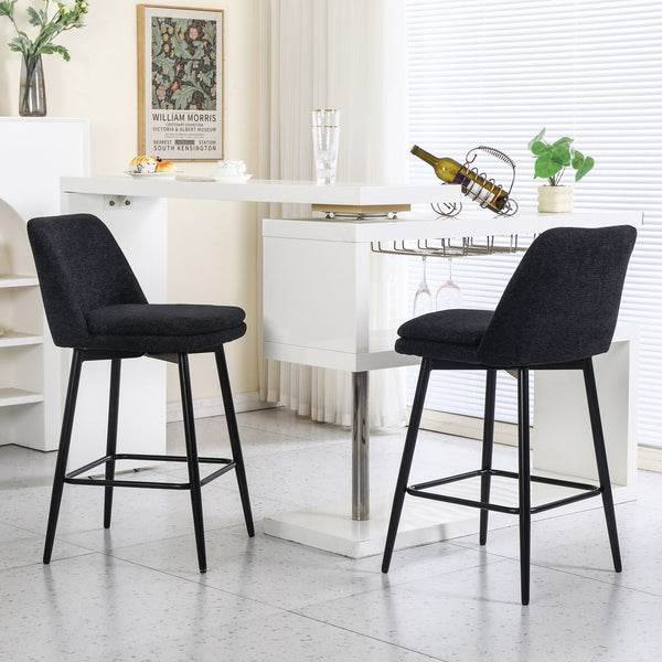 English Elm Counter Upholstered Swivel Bar Stools Set of 2 — Mid-Century Modern Comfort, 360° Rotation, Durable Metal Legs Black W2200P233486