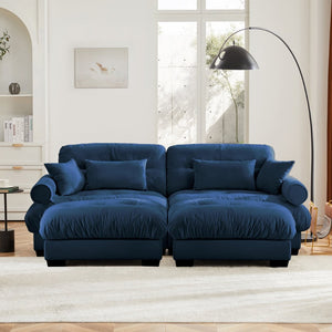 English Elm Over Size Velvet Two-Seater Sofa With Ottoman - Plush Comfort, Bolster Armrests & Pillows In Blue W714S01115-GIGA