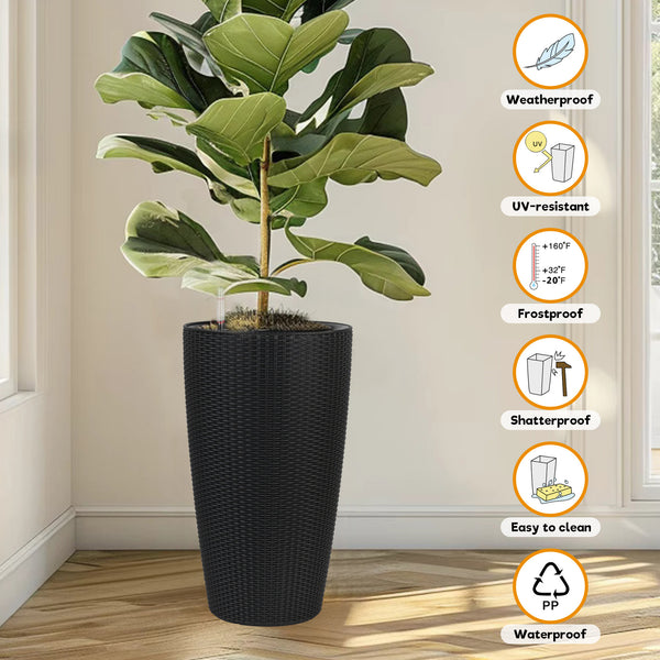 English Elm Set of 2 Faux Rattan Tall Outdoor Planters with Auto Watering and Water Level Monitor Black W3213P325373