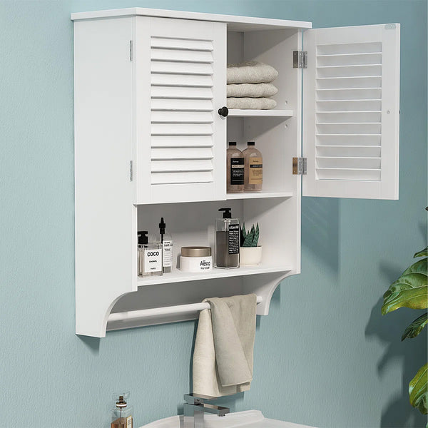 English Elm Wall-Mounted Bathroom Cabinet with Louvered Doors, Adjustable Shelves, Open Shelf & Towel Rod for Organized, Ventilated Storage White T3771P368595