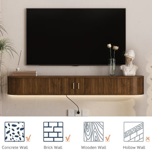 English Elm Floating Wall Mounted Media Console with Led Backlighting Mid-century Curved Design Brown W1321P476922