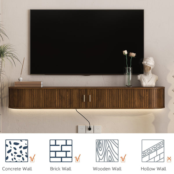 English Elm Floating Wall Mounted Media Console with Led Backlighting Mid-century Curved Design Brown W1321P476922