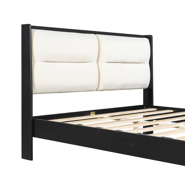 English Elm Solid Wood Queen Platform Bed Velvet Tufted Headboard Architectural Slat Design Black N7090000742B