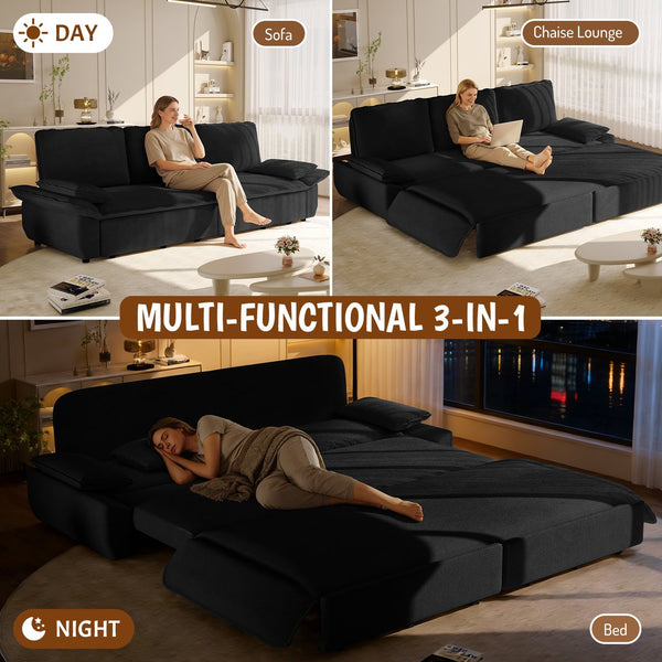 English Elm 94.5" King Convertible Sleeper Sofa Corduroy Upholstered Chaise Lounge Guest Room Bed Black W1885S00404