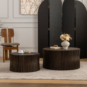 English Elm Vintage Cylindrical Nesting Coffee Table Set, Textured Embossed Wood Accent Tables for Living Room Dark Brown W757P195739