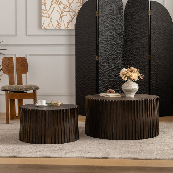 English Elm Vintage Cylindrical Nesting Coffee Table Set, Textured Embossed Wood Accent Tables for Living Room Dark Brown W757P195739