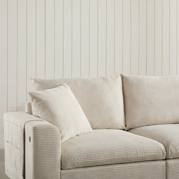 English Elm 139'' U-shaped Corduroy Sectional with Ottoman Console Usb Port and Cup Holders for Living Beige N723S1166A