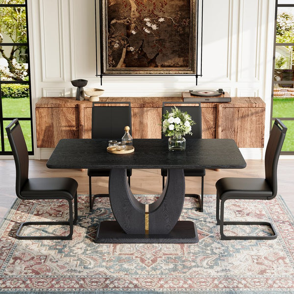 English Elm Black Wood Grain Mdf Dining Set Seats 4 with Pu Leather Arched Leg Chairs W1151S04439