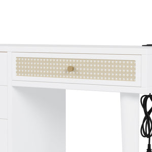 English Elm 39" Retro Bohemian Makeup Vanity Set with Rattan Drawers, USB Charging Port, Cushioned Stool, 4-Drawer Storage White 44.1 L x 18.75 W x 10.5 H N733P180011K