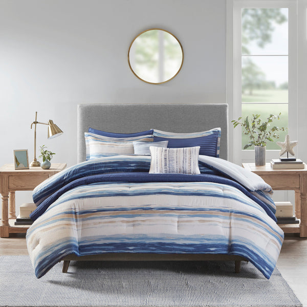 English Elm 8 Marina Seersucker Comforter & Quilt Set Full/Queen - Watercolor Stripe, Hypoallergenic, Layerable Blue 23.62 L x 18.9 W x 18.31 H B03597097