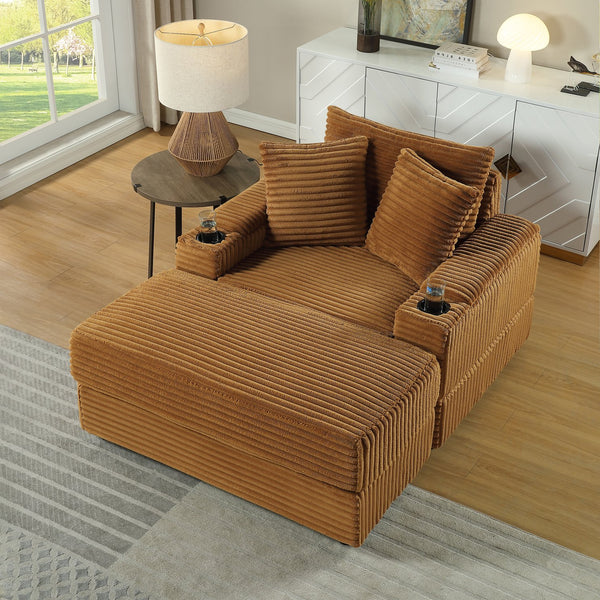 English Elm sofa Oversized Corduroy Deep-Seat Chaise with Ottoman and Lumbar Support — Plush, Sturdy Comfort Brown W1420S00011