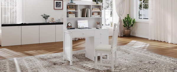 English Elm Vintage 40'' Home Executive Desk Set with Upholstered Chair and Built-In Bookshelf for Stylish Productivity White 44 L x 23 W x 13.5 H N733P272894K