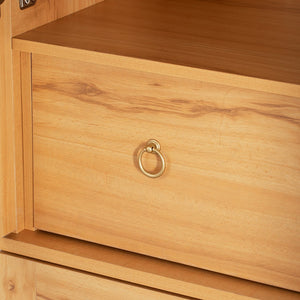 English Elm K&K Arched 71" Kitchen Pantry Cabinet with Glass Doors, Brass Handles, Adjustable Shelves & Drawer Natural N707P288969Y