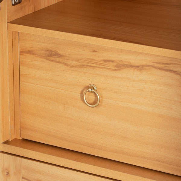 English Elm K&K Arched 71" Kitchen Pantry Cabinet with Glass Doors, Brass Handles, Adjustable Shelves & Drawer Natural N707P288969Y