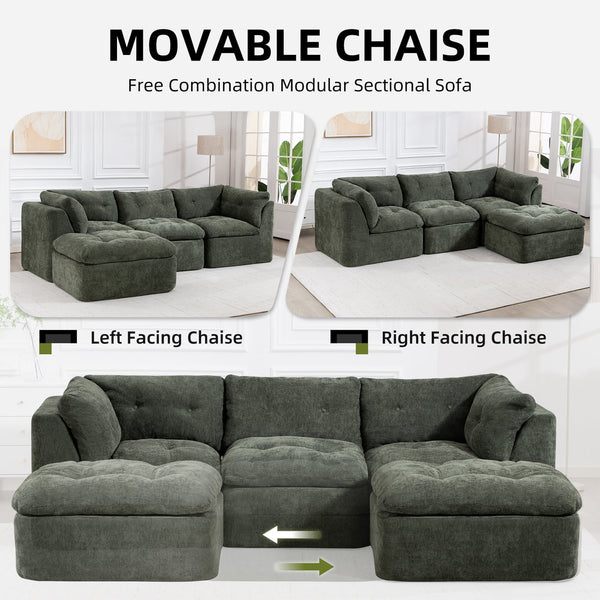 English Elm Modern Chenille Cloud Sectional with Ottoman Deep Sink Modular L Shaped Living Room Sofa Blackish Green W2379S00002