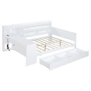 English Elm Full Size Wooden Daybed With Integrated Desk, Usb Ports, 3 Drawers & Modern White Finish N820S00018K