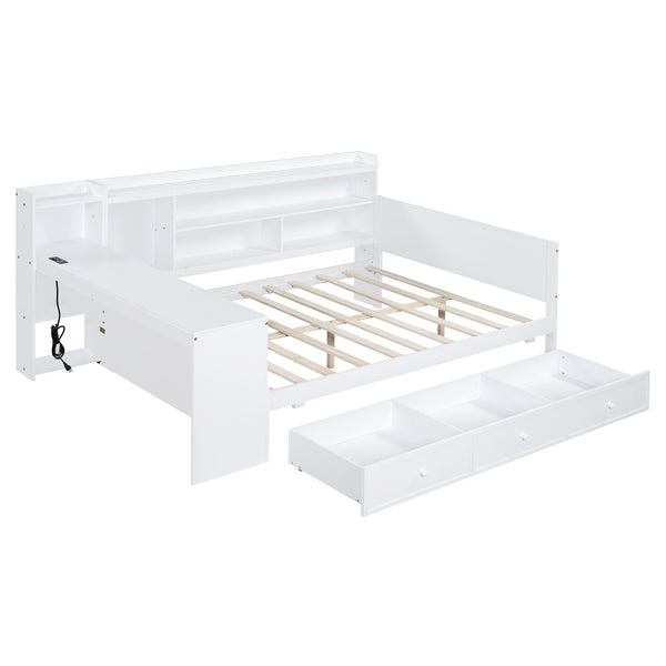 English Elm Full Size Wooden Daybed With Integrated Desk, Usb Ports, 3 Drawers & Modern White Finish N820S00018K