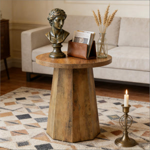 English Elm Wooden Round Side Table Compact Farmhouse End with Scratch Resistant Surface T3971P452664