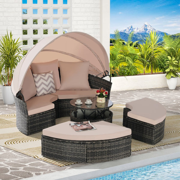 English Elm 5 Piece Outdoor Wicker Daybed Set with Retractable Canopy and Quick Dry Cushions Beige W874S00036