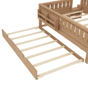 English Elm Twin Kids Platform Bed with Trundle Staircase Bookshelf and Rounded Safety Rails Natural W1580S00561