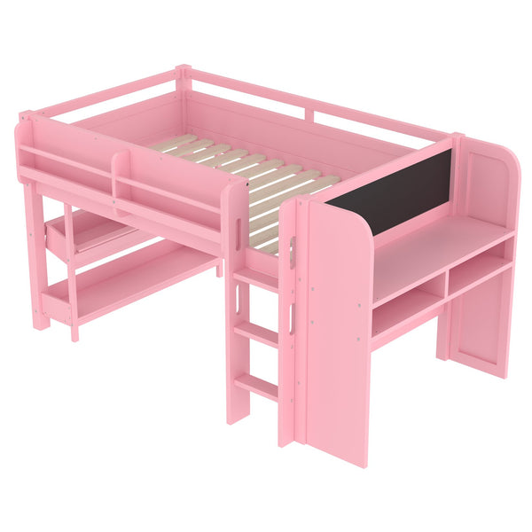 English Elm Twin Low Loft Bed Solid Pine Frame Kids Study Desk Blackboard Storage White W1580S00298