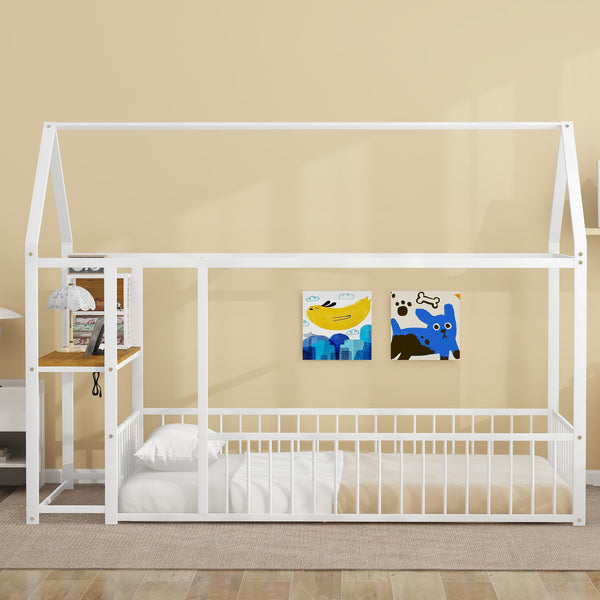 English Elm Twin House Bed Frame with Roof & Fence, Metal Twin Loft with Built-In Desk Shelves USB Outlets White N737P173490K