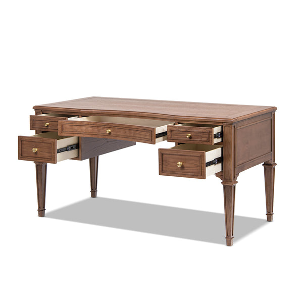 English Elm Jennifer Taylor Home - Dauphin Elegant Gold-Trim 5-Drawer Executive Desk in Ash Wood Veneer with Soft-Close Storage Appeal Brown B2719P408078
