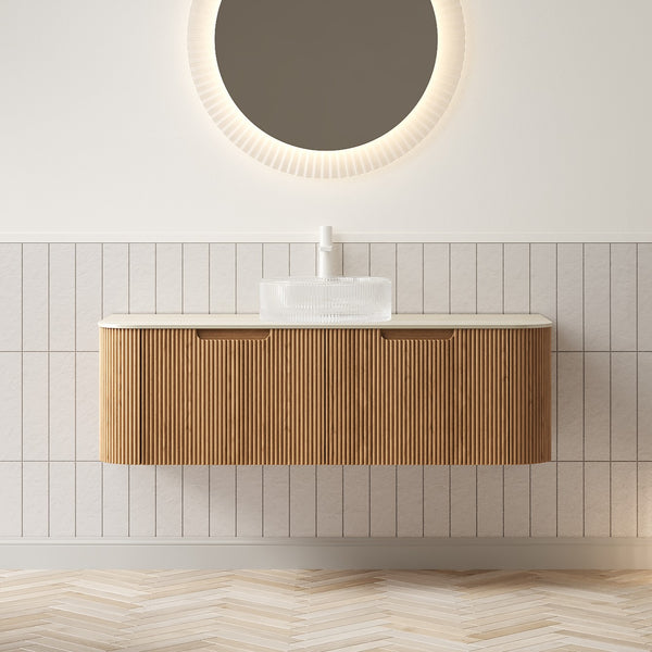 English Elm Dina Floating Bathroom Vanity with Crystal Glass Basin and Sintered Stone Top Beige,Natural Wood,Transparent W2615S00352