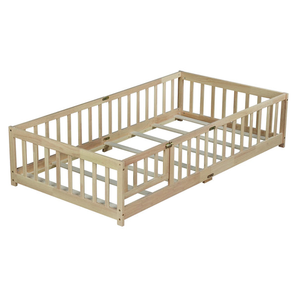 English Elm Twin Low Profile Rubberwood Floor Bed with Full Safety Fence for Toddler Rooms Natural W504P429273