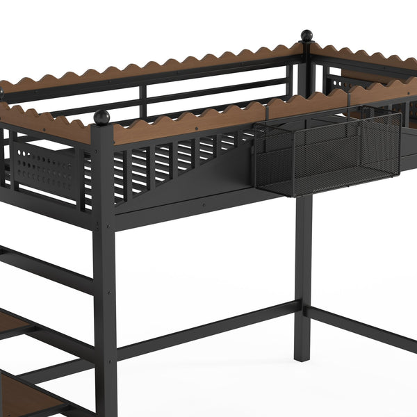 English Elm Twin Xl Metal Loft Bed with Stair Storage Shelves Sturdy Steel Frame for Dorms W1580S00377