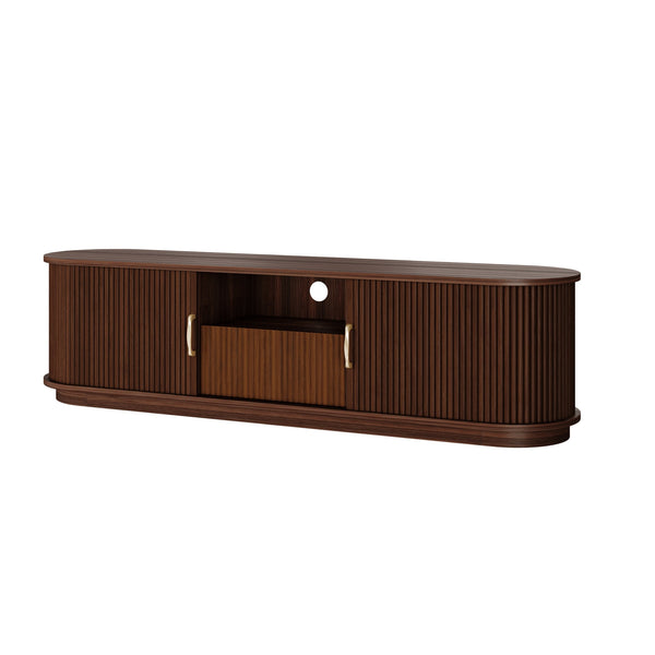 English Elm Vintage Farmhouse Media Console with Slatted Sliding Doors and Brass Hardware for Living Room Walnut N721P427206P