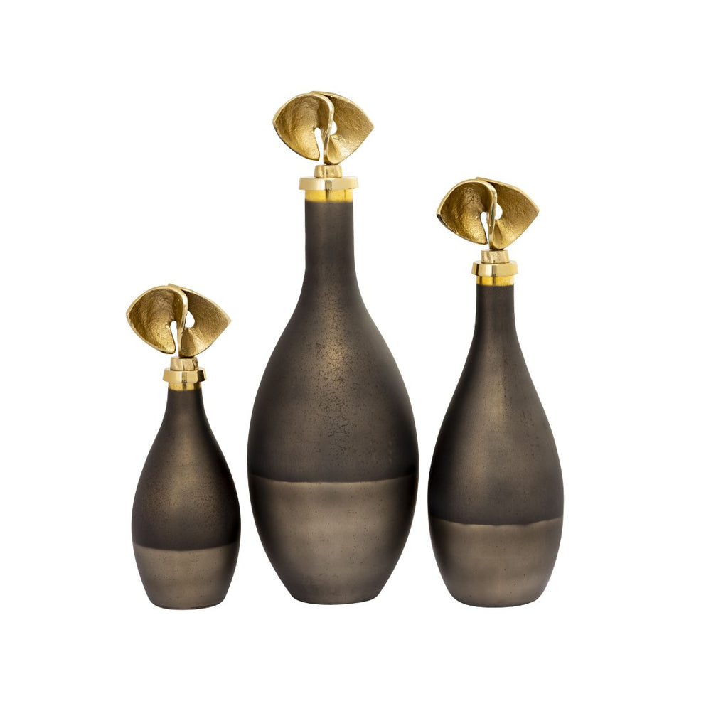 Atlas Aimee Decorative Bottle Set of 3 – Sculptural Glass with Twisted Brass Stoppers for Elegant Display AC11018-01S
